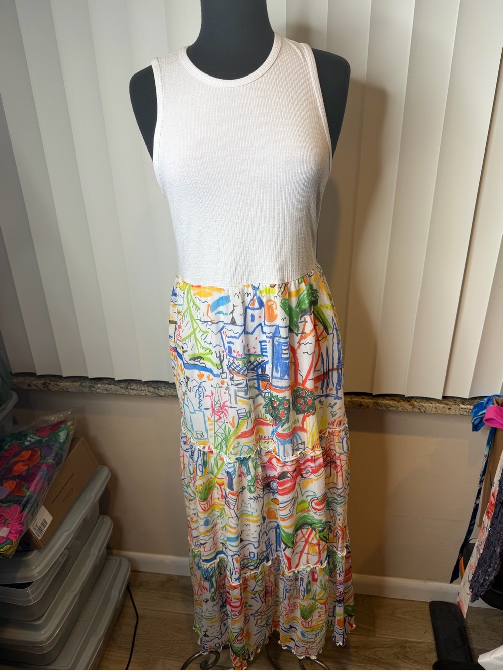 Desigual White Tank Top Maxi Skirt Multicolor Scenic Print Tulle Dress Size XL